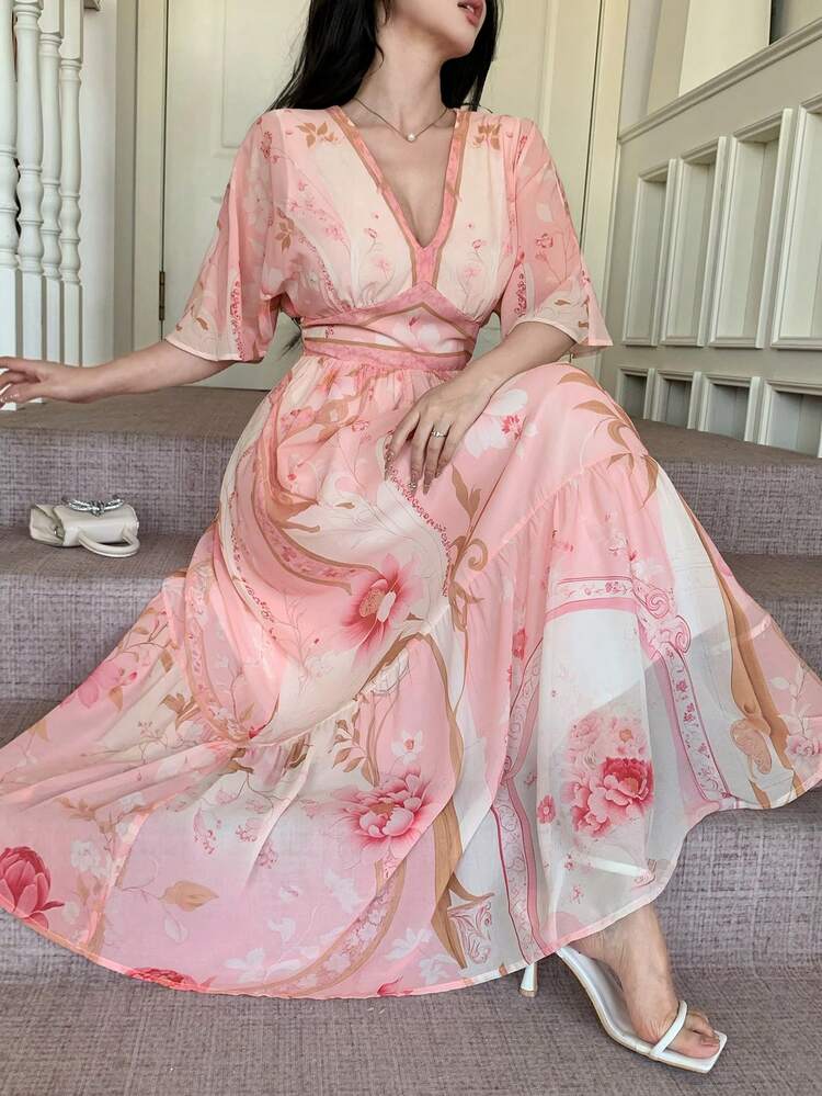 Women's Elegant Floral V-Neck Long Dress, Suitable For Spring And Summer Boho