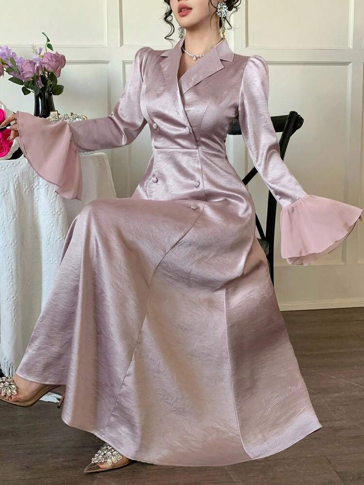 Elegant Patchwork Blazer Collar Long Dress For Women, Spring Wedding Guest Dress Sundress