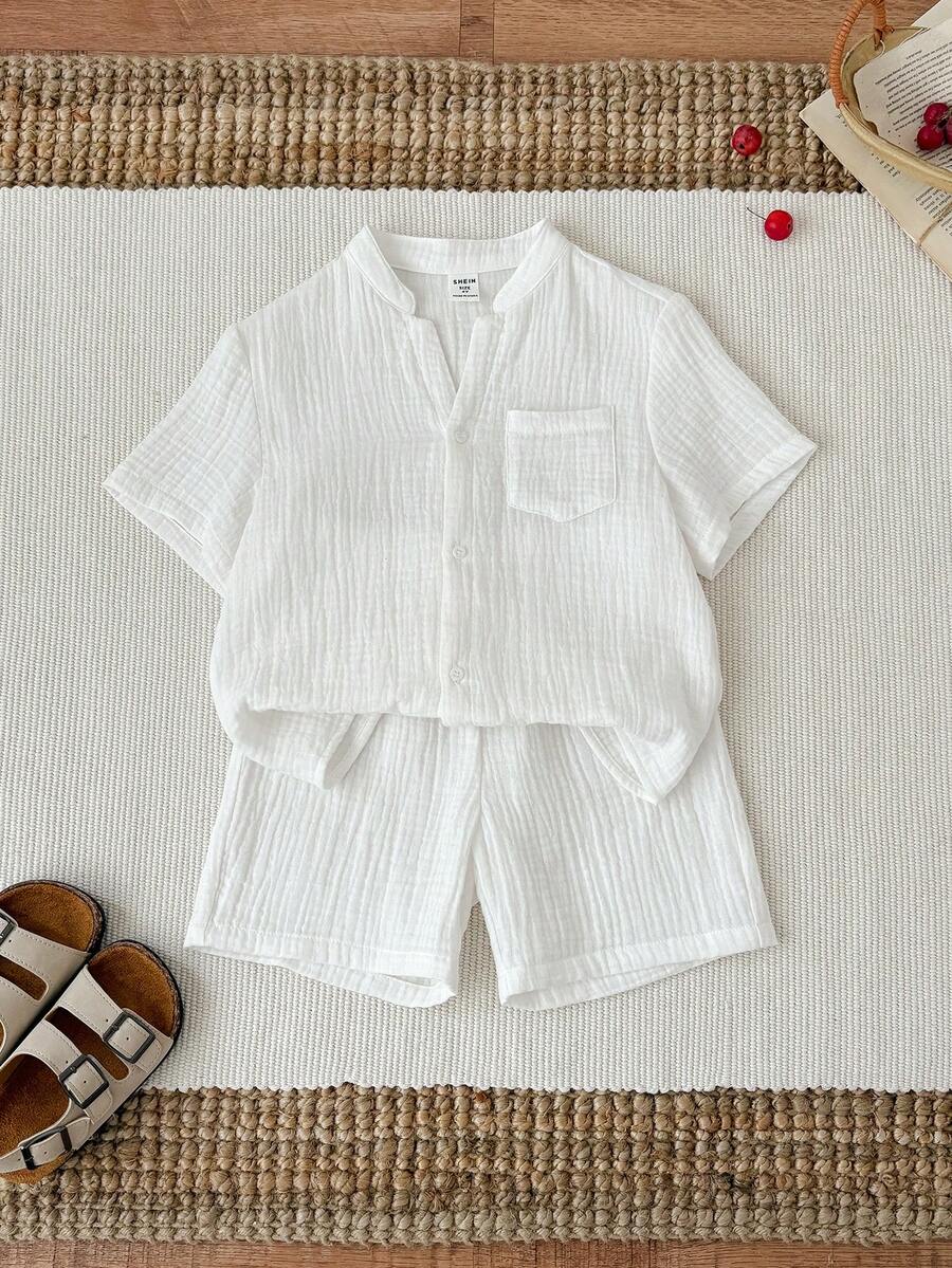 SHEIN 两件套男童休闲简约白色褶皱面料短袖衬衫和松紧腰短裤套装，适合生日派对、锐舞派对、晚宴、演出、婚礼、洗礼等场合。 - 彩色 - 查看 1