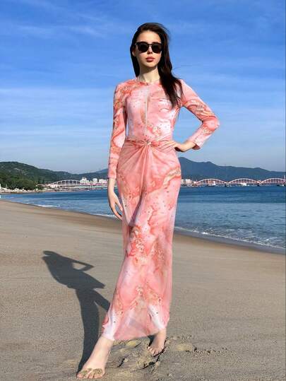 Swim Shayni 女士三件套波西米亚风优雅水彩大理石纹印花泳衣套装 - 连体衣+裤子+裙子，时尚年轻风格，适合春夏穿着