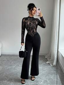 Rafferiza 女士优雅通勤蕾丝拼接连体裤 - 黑色 - 查看 1