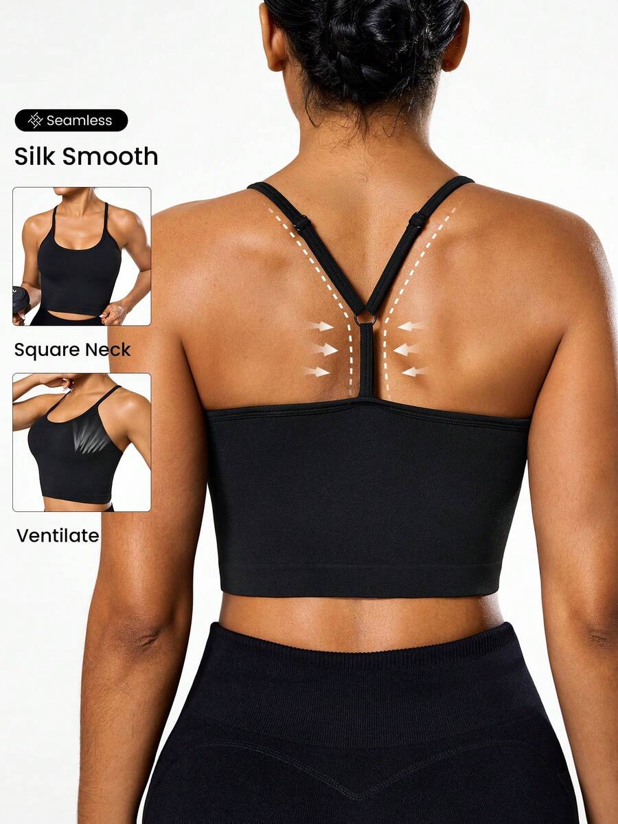 Seamluxe SHEIN Sport Áo tank top thể thao không đường may, kiểu racerback, ôm sát, màu đen, cổ chữ U, dài dành cho nữ. - màu đen - Xem 1