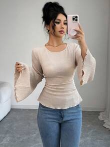 Elenzga Áo thun dài tay đơn giản cổ tròn, eo thon, tay loe, chất liệu jacquard dành cho nữ, thích hợp cho đầu xuân. - Màu Khaki - Xem 6