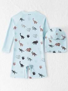 SHEIN Young Boy Dinosaur Print Zip-Up Long Sleeve Rash Guard Swimsuit Set With Hat - Multicolor - View 2