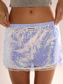 Avenya 女士亮片撞色蕾丝迷你裙，适合派对场合 - 藍色 - 查看 1