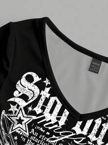 Attitoon Punk Wings, Heart And Cross Pattern V-Neck Long Sleeve T-Shirt, Suitable For Women, Halloween, Y2K Style, Streetwear, Retro, Back-To-School, Fall, Vacation, Casual Wear, Autumn/Winter, Hip-Hop, Style Core Aesthetics, Gothic, Cyber Gothic And Other Styles. - White - View 7