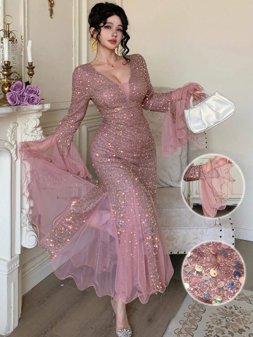 Dusty Pink,Autumn,Elegant,Birthday Dinner Rhinestone Shiny Party Dress,Valentine's Day,Wedding,Banquet,Ball,Slim Fit,Waist Cinched,Knee-Length Sparkly