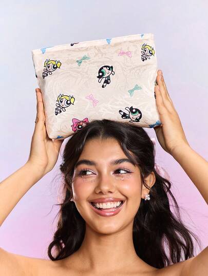 FanGlow THE POWERPUFF GIRLS X SHEIN Sweet Cute Blossom, Bubbles, Buttercup Pattern Portable Makeup Bag, Coin Wallet, Travel Bag