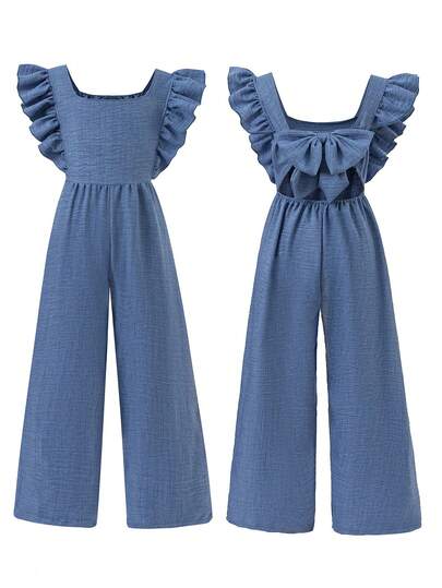 Elladie kids Tween Girls' Fashion Casual Cap Sleeve Bow Jumpsuit Girl Jump Suit Set Jean Jumpsuit Young Girls Casual Versatile A Effect Jumpsuit Pant Teen Girl Romper Jumpsuit Bow Back Jumpsuit Blue Girl Jumpsuit Kids Wide Leg Jumpsuit Ruffle Jumpsuit