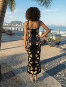 CAJUNI Women's Floral Print Fitted Vacation Dress With Thick Straps - Black - View 2