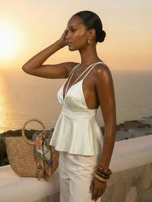 CAJUNI Camiseta sin tirantes de moda sexy con volantes en el bajo, para vacaciones, de unicolor