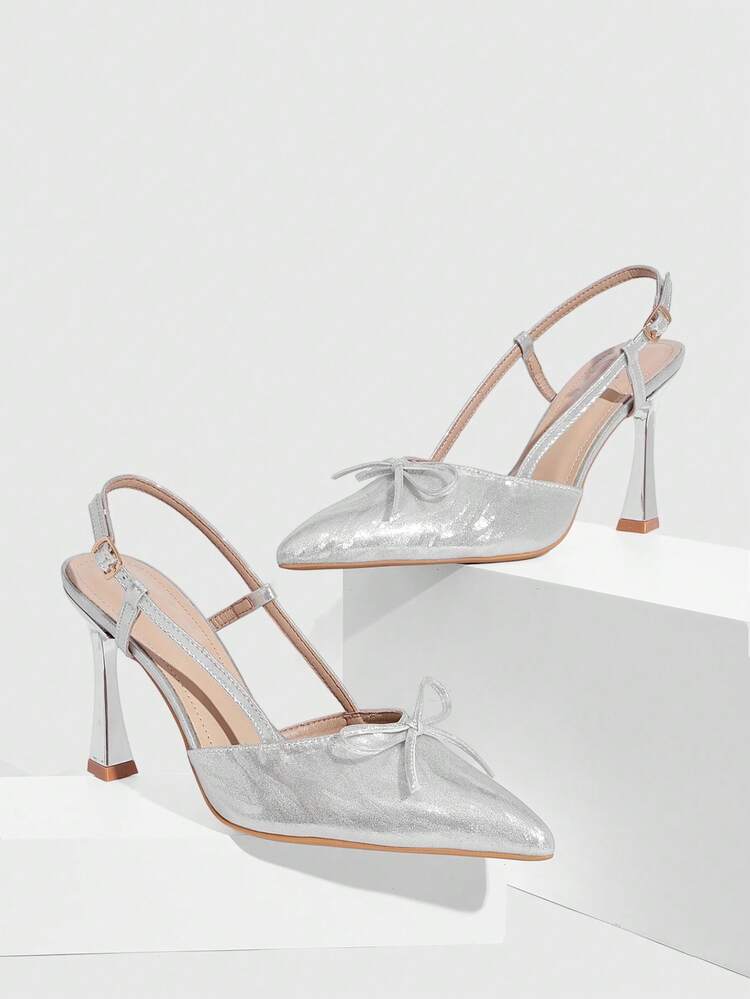 CUCCOO SZL Women's Silver Elegant Pointed Toe High Heel Pumps, Bow Decor Pyramid Heel Sexy & Comfortable High Heels, Alluring Party Sexy Ankle Strap Stilettos, Versatile For Office, Outdoor, Wedding, Banquet, Party, Spring, Easter