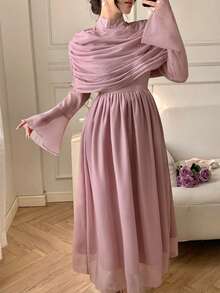 DAZY 春夏雪纺二合一披肩领连衣裙，粉色，优雅百搭，适合情人节、婚礼、派对、正式场合，时尚修身，喇叭袖，中长款婚礼宾客连衣裙 - 淺粉色 - 查看 5