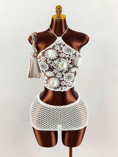 Amplova Women's Solid Color Applique Halter Backless Top And Mini Skirt Sexy Sheer 2 Pieces Set Summer Dresses For Women Summer Holiday Outfits Casual Outfits For Women White Two Piece Set Crochet Two Piece Set Lace Two Piece Set Mesh Two Piece Set Summer Two Piece Set