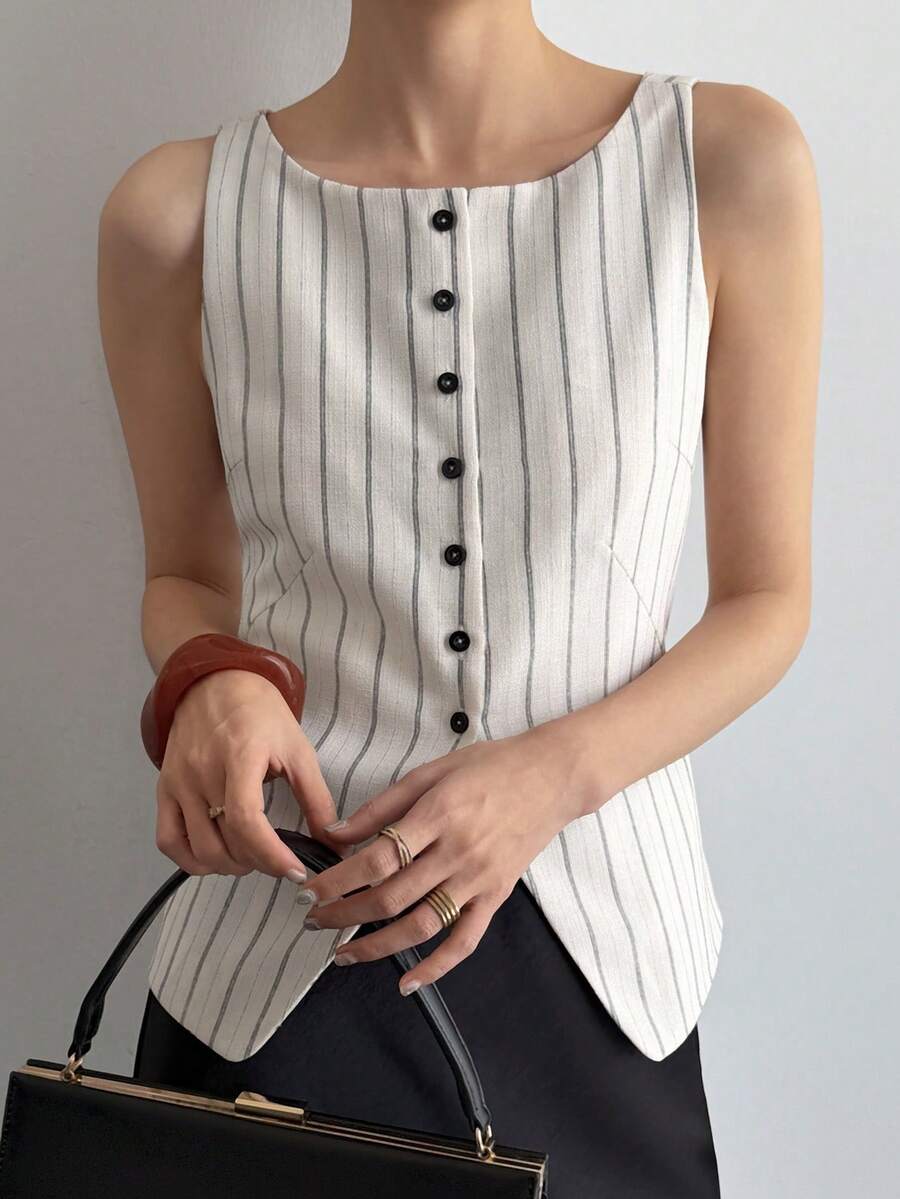 Livesso Áo vest không tay dáng rộng, phối màu kẻ sọc, phong cách công sở dành cho nữ, trang phục công sở thời trang cho mùa xuân và hè. - trắng - Xem 1