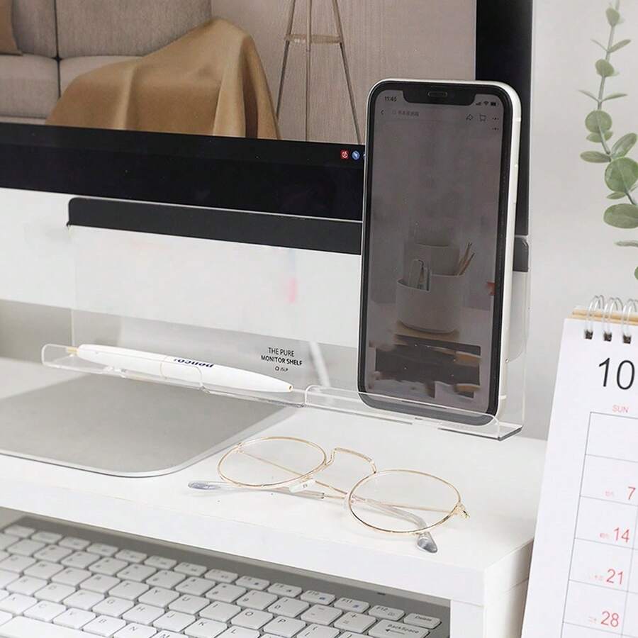 1 Pc Transparent Acrylic Self-Adhesive Memo Board, Minimalist Multi-Purpose Office Desk Side Storage Rack,School Supplies,Back To School - White - View 1