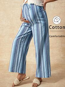 Boho Mama Summer Outfit Maternity Clothes Maternity PantsBlue Rainbow Striped Cotton Elastic Waistband Maternity Vacation Pants, Breathable And Sweat-Wicking.   Pregnant Women's Striped Drawstring Waist Casual Versatile Wide Leg Pants For Daily Wear - Mint Blue - View 5