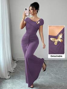 Modelyn Metallic Buckle Decor Ruched Fitted Elegant Long Dress For Women - Purple - View 3
