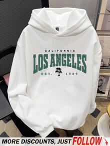 Manfinity Joysei 男士加大码保暖加厚宽松连帽衫，印有洛杉矶图案，适合秋冬季穿着。