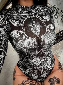 Whyspr Áo liền thân cỡ lớn cổ tròn tay dài chất liệu lưới in họa tiết, phong cách retro punk goth thanh lịch, phù hợp cho Halloween và kỳ nghỉ. - Đen và trắng - Xem 1