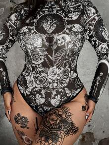 Whyspr Áo liền thân cỡ lớn cổ tròn tay dài chất liệu lưới in họa tiết, phong cách retro punk goth thanh lịch, phù hợp cho Halloween và kỳ nghỉ. - Đen và trắng - Xem 4