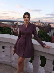 Firerie Women's Dark Purple Elegant Blazer Dress,Autumn A-Line Casual Business Commuter Dress,Fitted Silhouette Cocktail Party Wedding Guest Date Dresses - Apricot - View 4