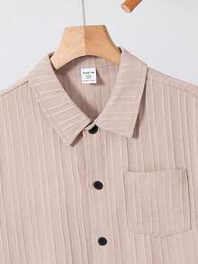 SHEIN 男童纯色前扣贴袋短袖梭织衬衫 - 杏色 - 查看 6