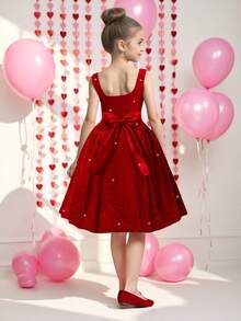 SHEIN Vintage Tween Girls Dress, Sleeveless Backless Bowknot Dress, Valentine's Day Masquerade Ball Gown, New Year Dress Christmas Outfit Sparkle Dress Dress With Bows Red Dress - Redwood - View 3