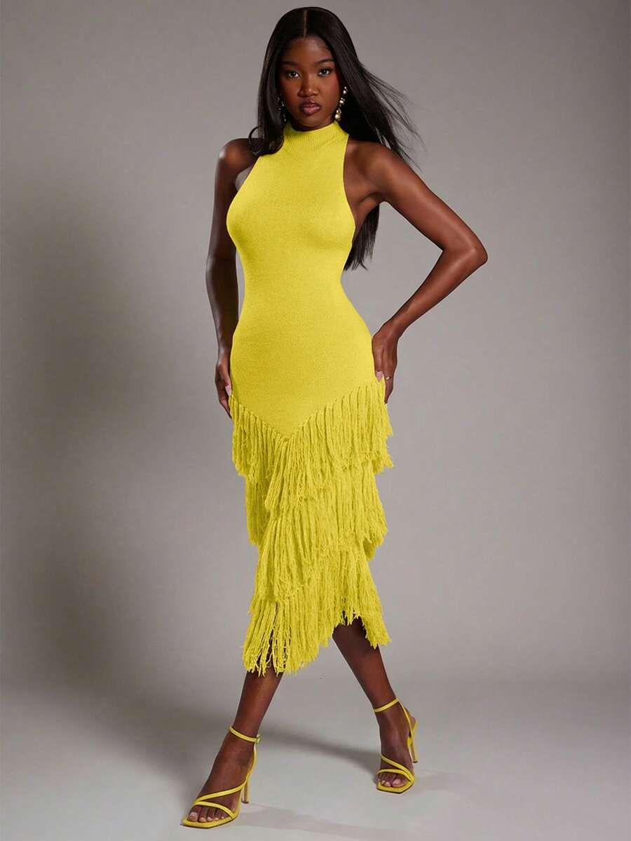 NYA SZN Đầm không tay cổ cao, chi tiết tua rua, ôm sát cơ thể, chất liệu dệt kim gân, co giãn, thích hợp cho các dịp đặc biệt, kỳ nghỉ, đám cưới, đi chơi, sân bay, phong cách dễ thương, cổ điển, mùa thu đông, phù hợp cho trang phục đi làm, dành cho nữ. - Vàng nhạt - Xem 1