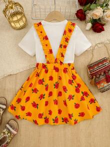SHEIN 2pcs/Set Gaun Anak Perempuan Putih Lengan Pendek Motif Timur Tengah Longgar Kasual untuk Pakaian Sehari-hari & Motif Bunga dengan Tali Bahu, Musim Panas, Ulang Tahun Pertama - MultiWarna - View 2