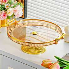 1 Dual Handle Kitchen Circular Service Tray And High Foot Tray, With A Gold-Plated Border Wrapped Around A Transparent Radial Patterned Surface, Reinforced Handles On Both Sides For A Smooth Grip - Gold - View 5