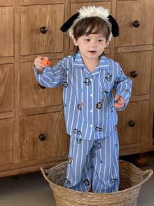 DAZY 2件套幼儿男童卡通条纹印花翻领长袖衬衫和裤子睡衣套装 - 藍色 - 查看 3