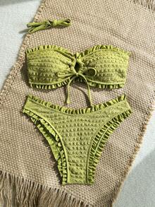Soleia Bộ đồ đi biển mùa hè dành cho nữ, trang phục thanh lịch, áo tắm đi biển cho nữ, bikini ống màu trơn có bèo nhún, buộc dây phía trước, gợi cảm. - màu xanh lá - Xem 7