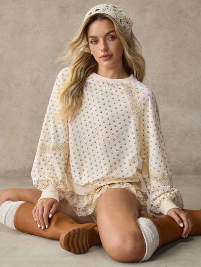 WESTFADE Boho Blommigt Mönster Virkat Spetsband Rund Halsringning Lång Ballongärm Överdimensionerad Tröja