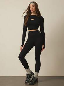 With My Calm With My Calm Women's Solid Color Round Neck Hollow Long Sleeve Top And Tight Leggings Casual Sportswear Set, For Daily Workout - Black - View 3