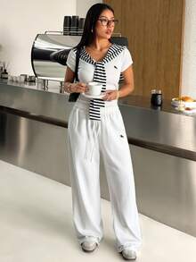 SHEIN EZwear Summer Women's Striped Sailor Collar Embroidered Graphic Short Sleeve Top And Drawstring Waist Wide Leg Pants Casual Outfit Summer Pants Sets - White - View 4