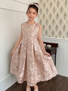DAZY Tween Girl Floral Jacquard Round Neck Pleated Design Fashionable Elegant Sleeveless Party Dress