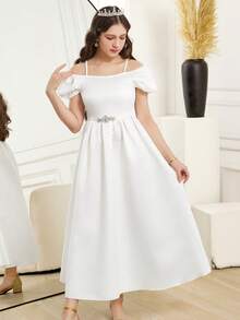 女童优雅缎面长裙，正式阿巴雅长袍，闪亮迷人设计，适合生日派对、正式庆典等场合，高端优雅礼服 - 白色 - 查看 3