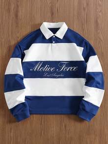 TOKVUE Men's Fashion Patchwork Striped Embroidered Polo Shirt - Blue and White - View 3