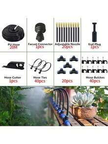 5M/10M/15M/20M DIY Greenhouse Garden Watering System, Universal Mist Cooling Kit, Plastic Material, No Electricity Required, Fit European And US Thread Standard, Suitable For Plants And Yard Mist Cooling