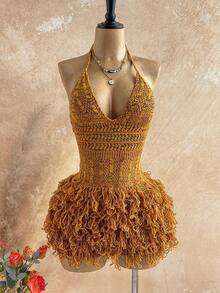 Soleia 流苏针织迷你连衣裙，夏季伊比沙岛度假性感音乐节针织毛衣，适合秋季乡村、秋冬季纳什维尔风格 - 彩色 - 查看 1