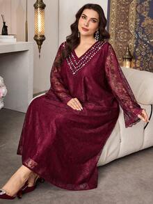 Al Najma Plus Size Women Lace Fabric Beaded Collar Elegant Dress, Spring/Summer - Burgundy - View 4