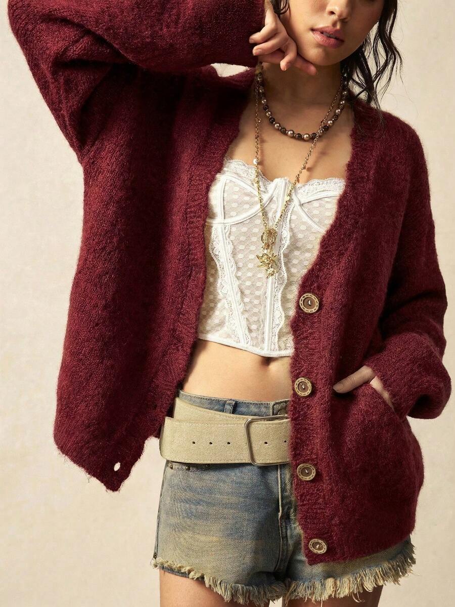 Bohemela Vintage Loose Solid Color Front Button Casual Long Sleeve Knit Cardigan - Burgundy - View 1