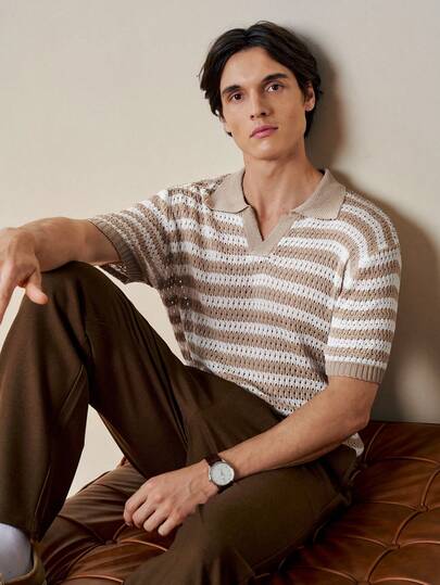 RONVEXI 男士休闲度假风撞色条纹V领镂空针织上衣