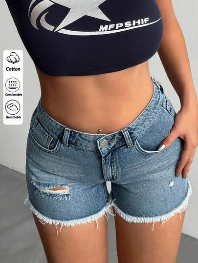 EURMUSE Pantaloni scurți din denim cu tiv uzat, casual, pentru femei, de zi cu zi, la modă, stil vară