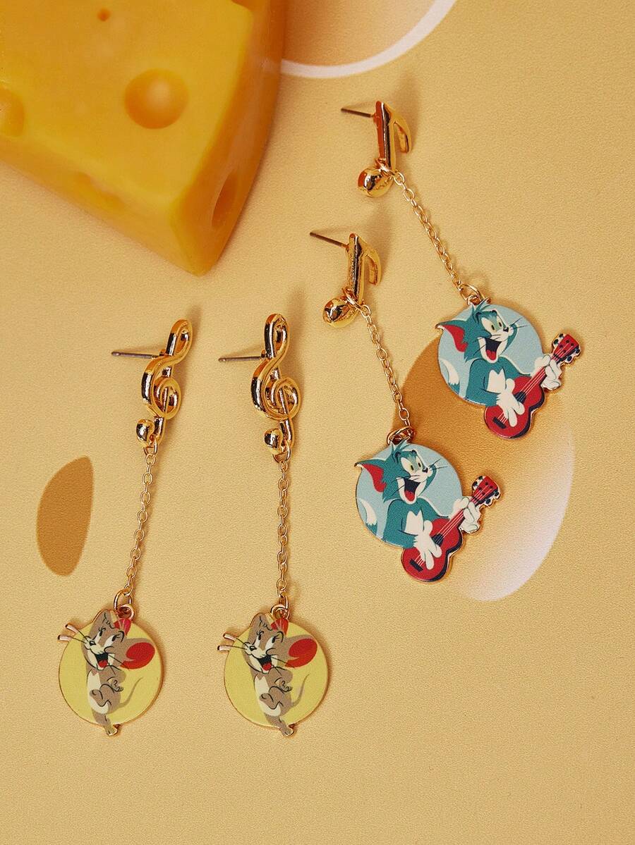 TOM & JERRY X SHEIN 潮流卡通动物元素锌合金印花耳环，可爱音符设计，奢华小众，精致优雅，休闲时尚，适合各种派对、音乐会、节日等场合。 - 金色 - 查看 1