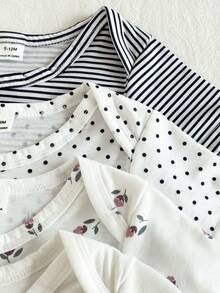 SHEIN Bộ 5 món áo liền thân cổ tròn màu trơn mềm mại và thoải mái cho bé gái, kiểu dáng thời trang thường ngày, dễ mặc vào/cởi ra, tay ngắn và quần short, thích hợp cho mùa xuân/hè. - Nhiều màu - Xem 6