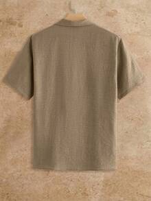 HIMLAND 男士夏季休闲纹理前开襟刺绣衬衫 - 卡其色 - 查看 4