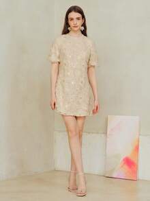 MOTF PREMIUM VESTIDO DE MANGA ABULLONADA CON MALLA DE CONTRASTE - Albaricoque - Ver 6