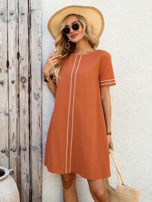 EMERY ROSE Women's Summer Casual Vacation Style Contrast Binding Short Sleeve Loose Dress From Spring To Summer Vacation Outfits Women Summer Holiday Outfits Holiday Dress Casual Dresses For Women Cotton Dress For Women Summer Dresses For Women Going Out Dress - Burnt Orange - View 6